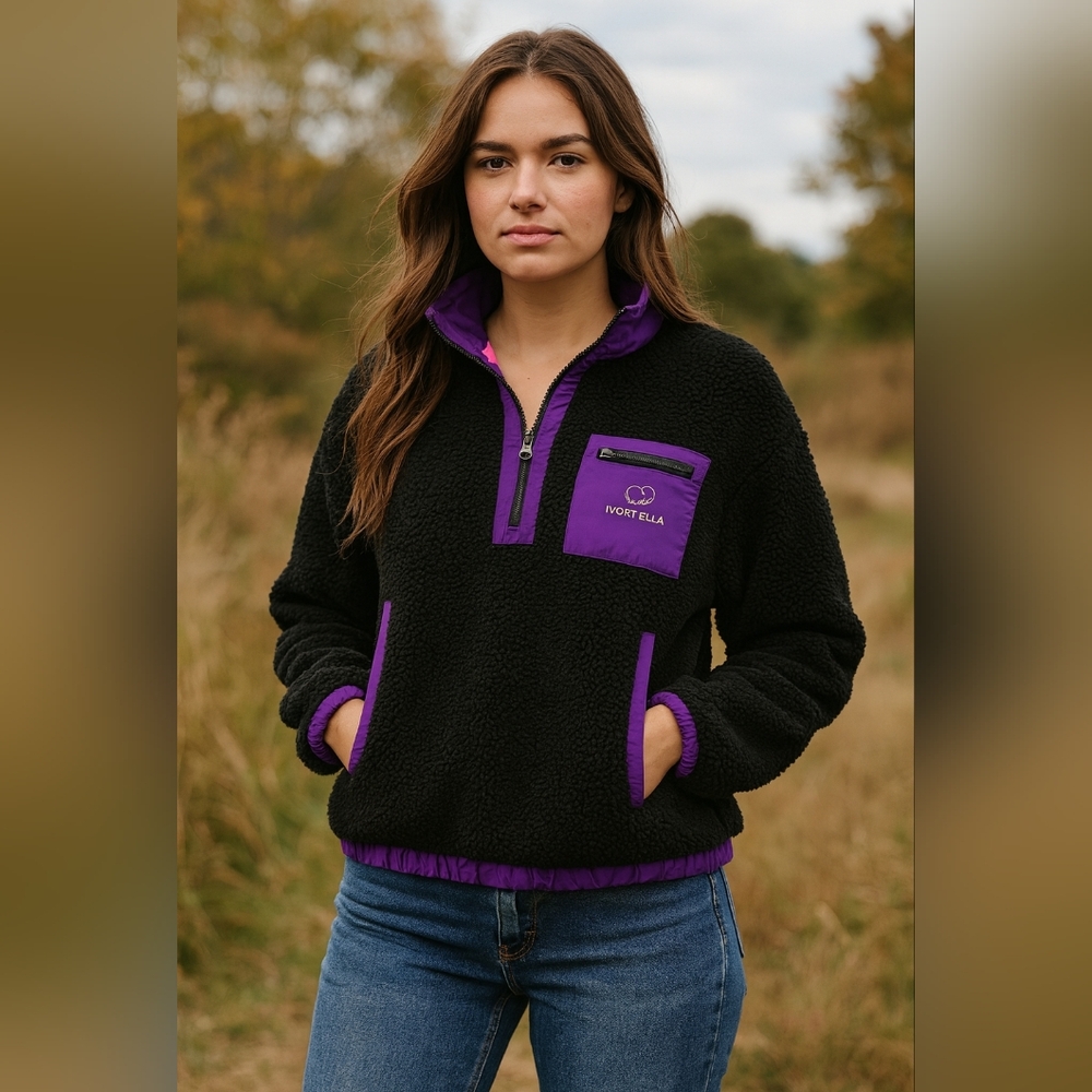 Ivory Ella Black Fleece with Purple Trim Size Medium